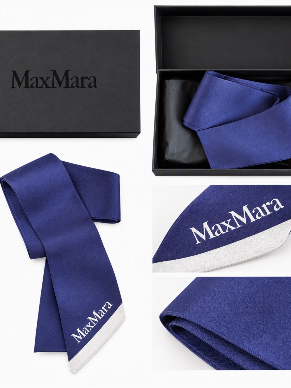 MaxMara Royal Blue Silk Scarf with White Logo Trim for bag or neck